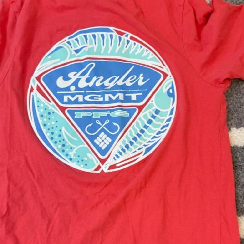 Red Columbia Sportswear t-shirt with blue and white circular logo featuring 'WSM' and 'Sunder' text, size S #outdoor #hiking