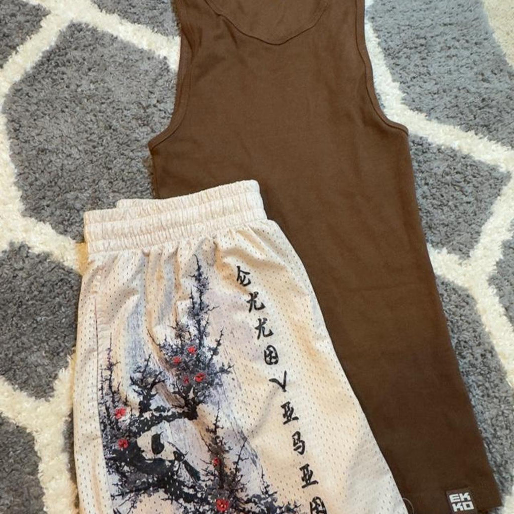 EKKO Clothing brown polyester tank top and shorts set with black cherry blossom branches and red flowers, size XL #basketball #athletic