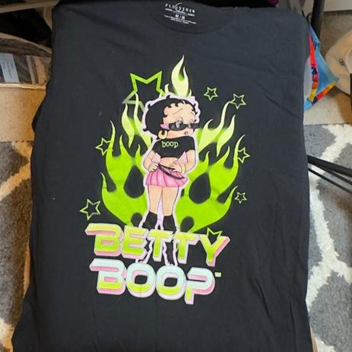Betty Boop black t-shirt with green flames and stars, size M #cartoon #retro