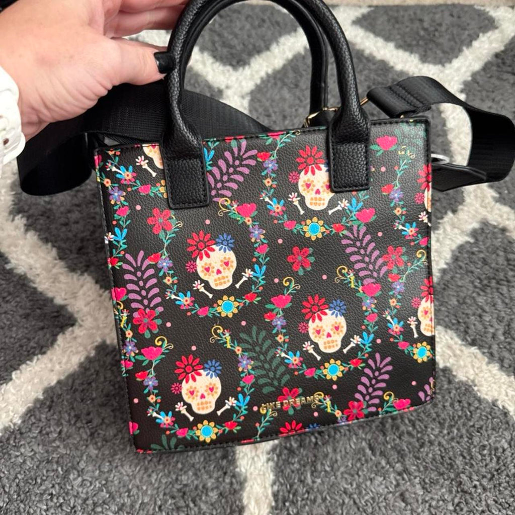 Like Dreams mini tote with colorful sugar skull and floral design #sugar skulls #floral