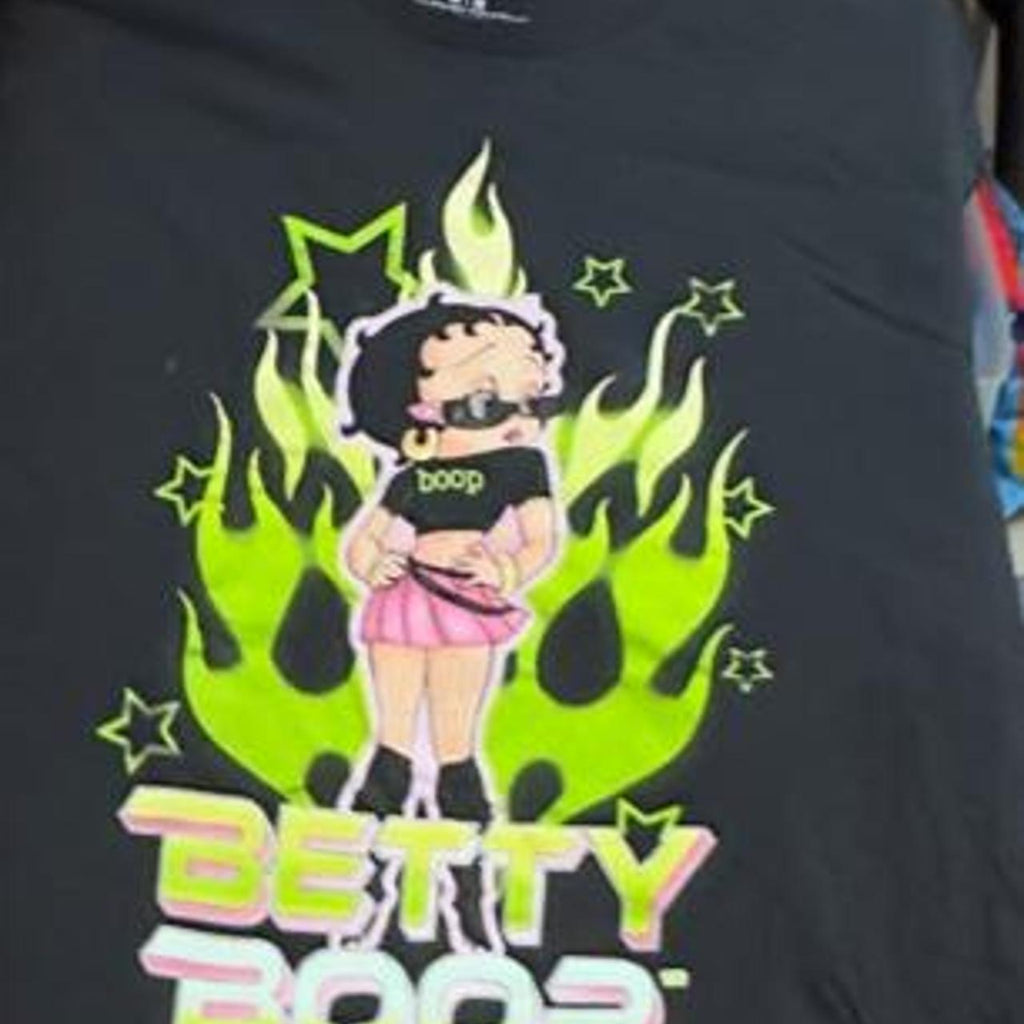 Betty Boop black t-shirt with green flames and stars, size M #cartoon #retro