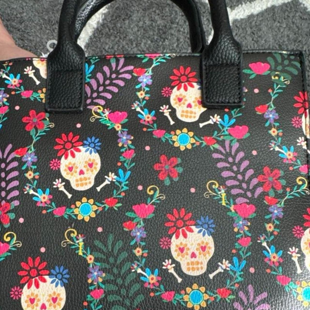 Like Dreams mini tote with colorful sugar skull and floral design #sugar skulls #floral