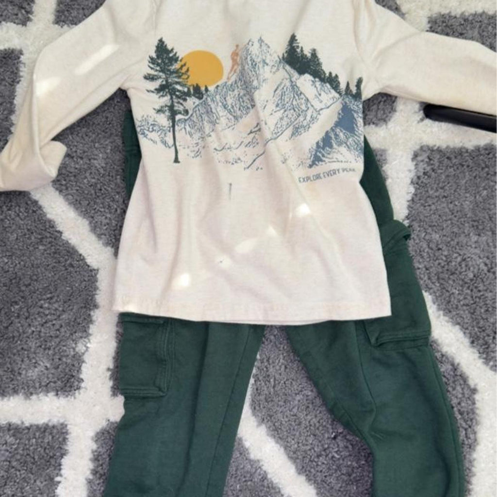 Tommy Bahama kids 2 piece set with mountain scene graphic featuring trees and a sun, size 5/6 years #kidsfashion #mountains
