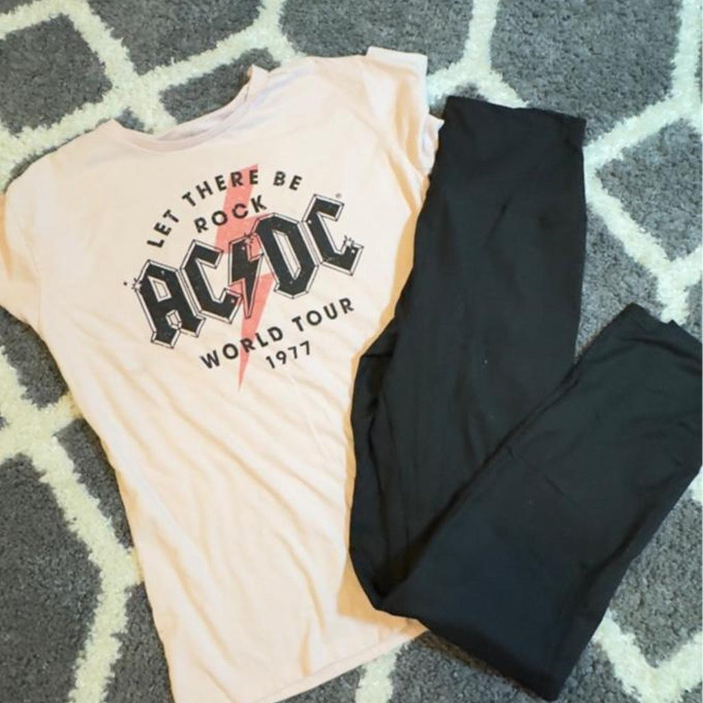 AC/DC baby tee with black lightning bolt graphic tee. size YXL (14-16) women’s small/medium leggings #rock #bandtee - Image 1