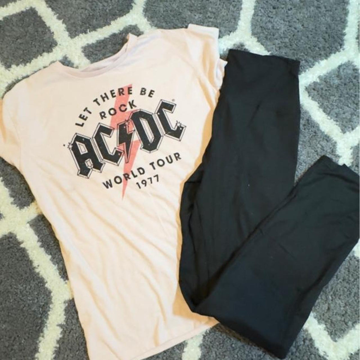 AC/DC baby tee with black lightning bolt graphic tee. size YXL (14-16) women’s small/medium leggings #rock #bandtee - Image 1