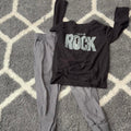 Gray and black kids cotton pajama set with white 'LET'S ROCK' text and lightning bolt graphic, size 4/5 years #playwear #rock