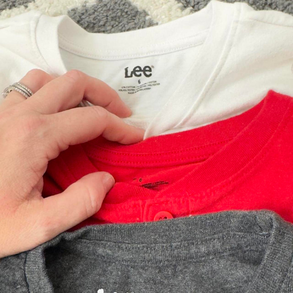 3 bundled Lee boy long sleeve cotton shirts in white, red, and gray . Size 6 #babyboy #stripes - Image 1