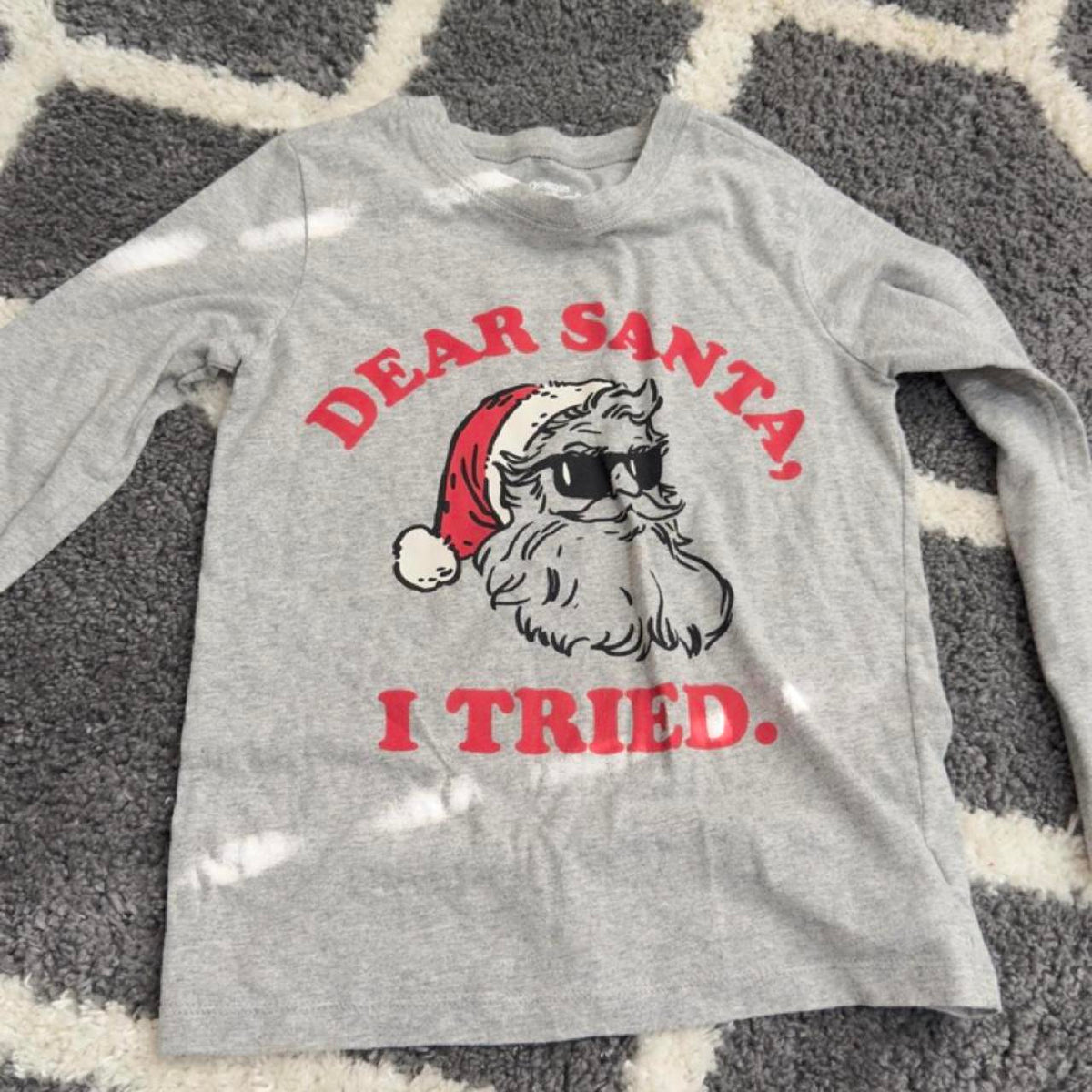 Gray OshKosh B'gosh long sleeve cotton & polyester shirt with red text reading 'DEAR SANTA, I TRIED.' with a graphic of Santa Claus wearing sunglasses, size 5/5A #christmas #santa