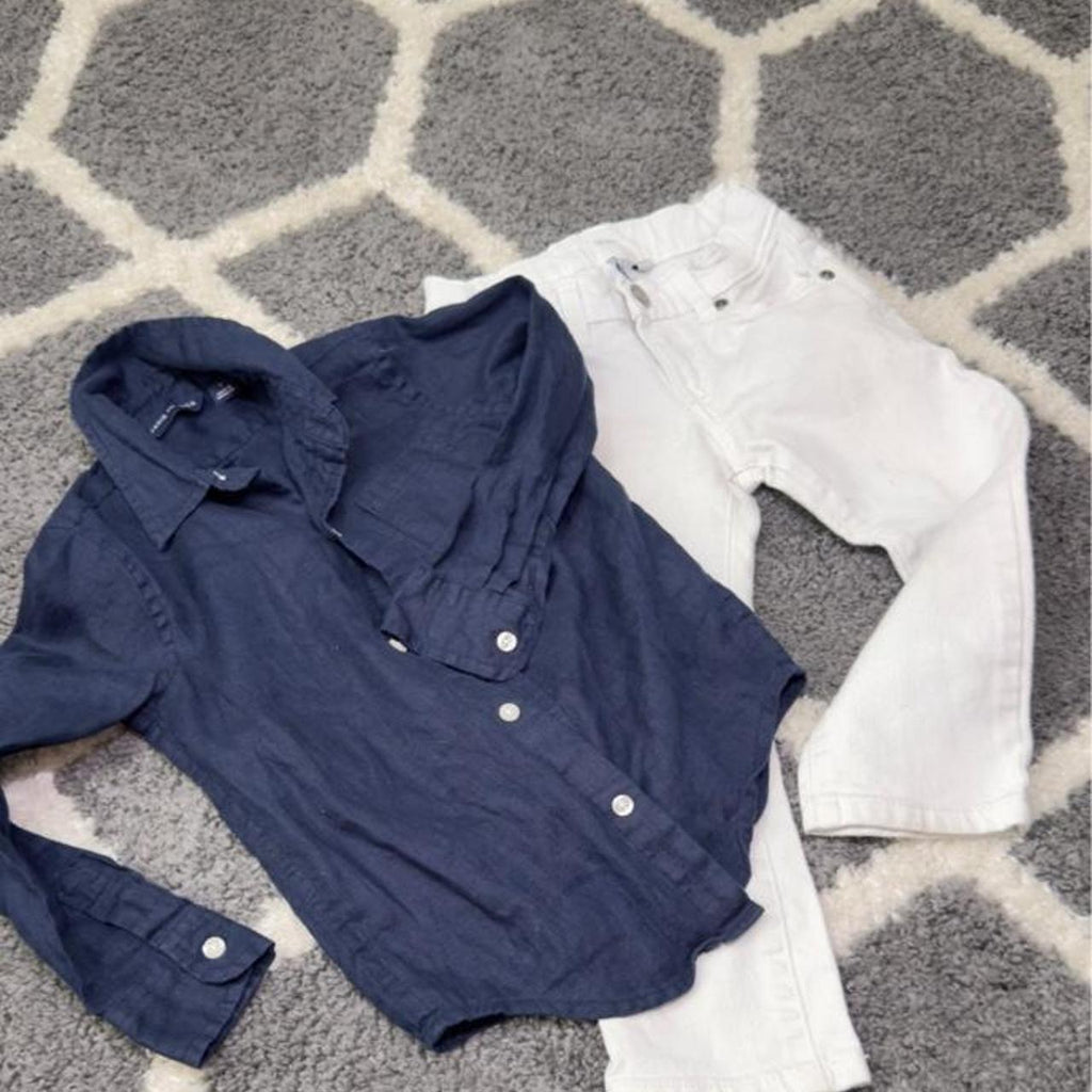 Navy blue and white kids set from Janie and Jack, size 3. Navy blue shirt and white pants. #kidsfashion #matching