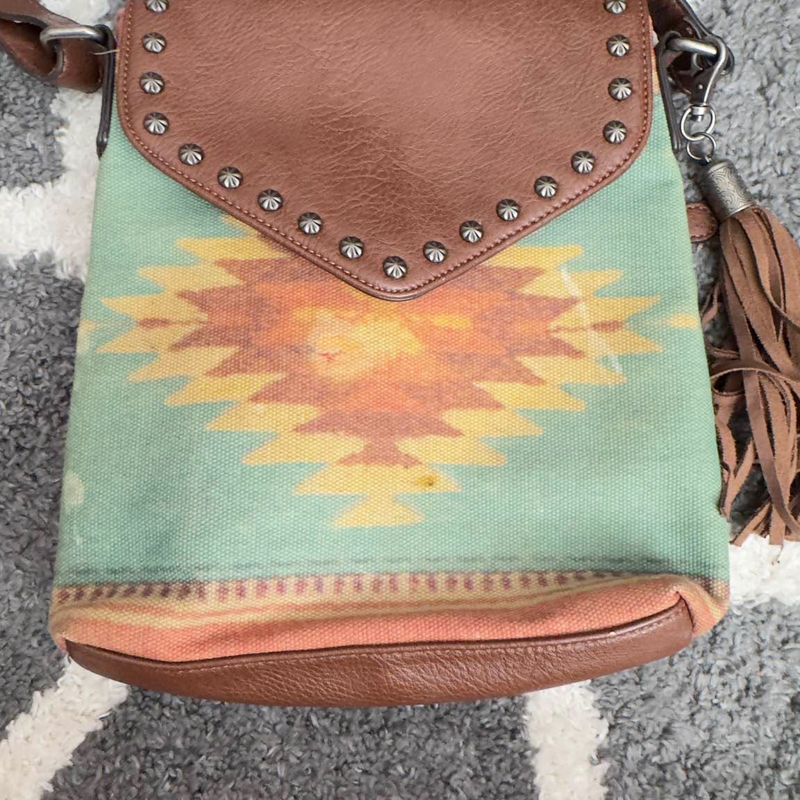 Southwestern Print Studded Crossbody Bag with Tassel - Image 1